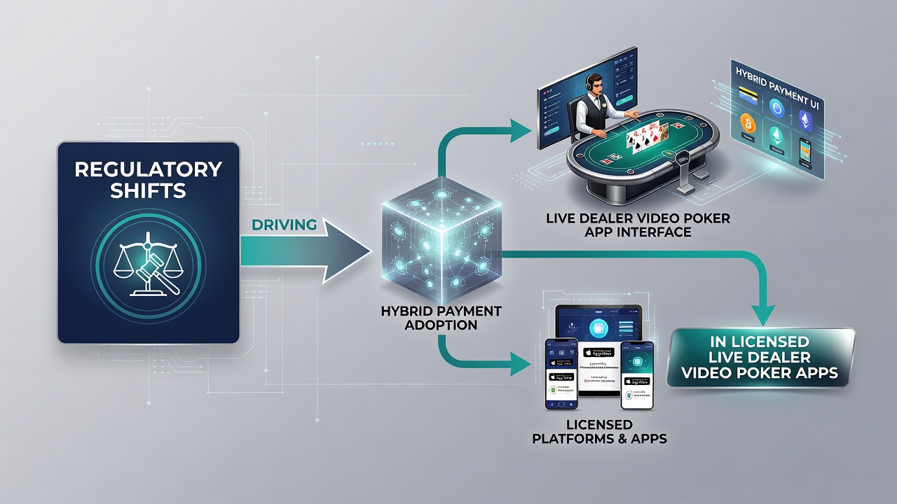 Mobile screen displaying live dealer video poker table with hybrid crypto and fiat payment selection